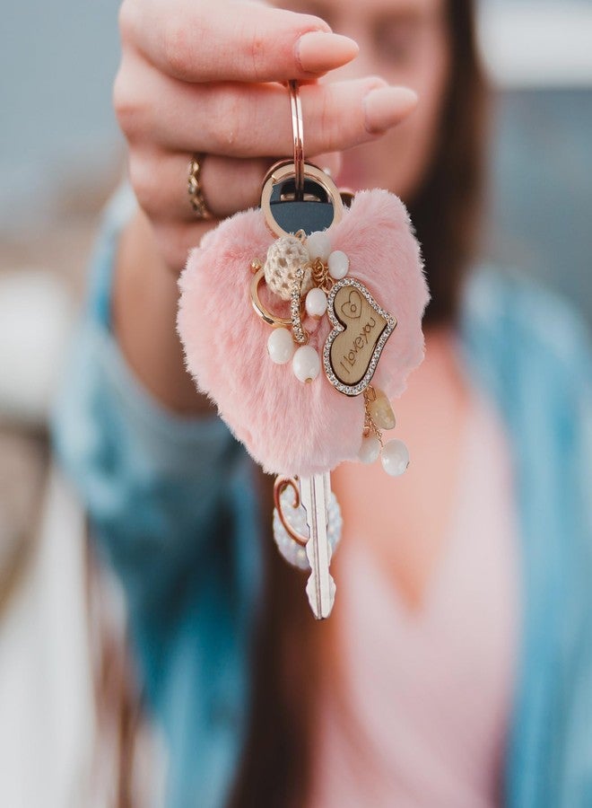 ifundom Heart Keychain Plush Keychain Heart Pendant Rhinestone Puff Balls Pom Poms Fluffy - Image 5