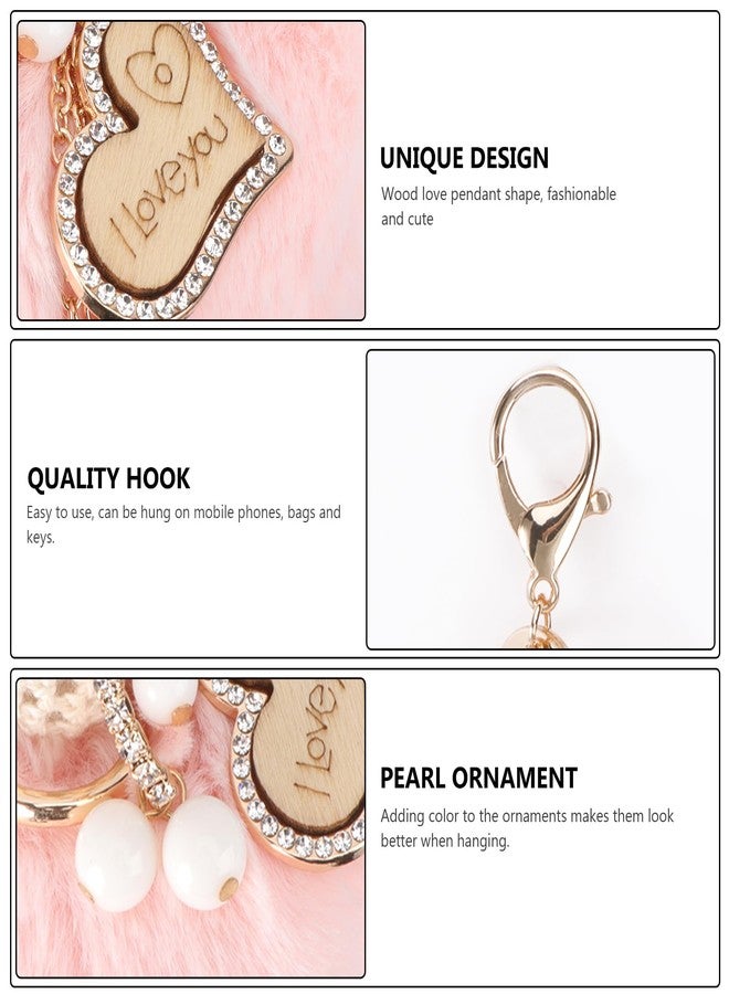 ifundom Heart Keychain Plush Keychain Heart Pendant Rhinestone Puff Balls Pom Poms Fluffy - Image 3
