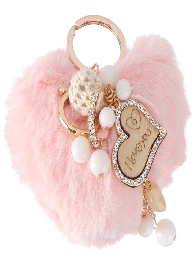ifundom Heart Keychain Plush Keychain Heart Pendant Rhinestone Puff Balls Pom Poms Fluffy - Image 1