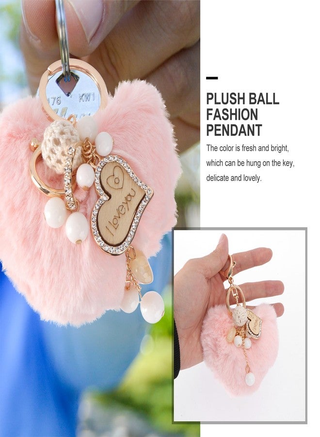 ifundom Heart Keychain Plush Keychain Heart Pendant Rhinestone Puff Balls Pom Poms Fluffy - Image 4