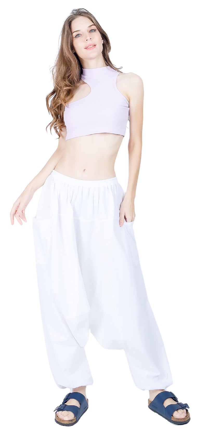 CandyHusky's Men Women 100% Cotton Baggy Boho Yoga Harem Pants (White) one size fits most - Image 4