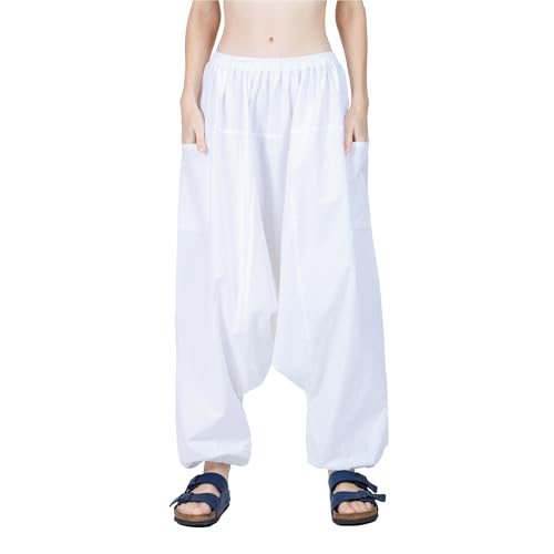 CandyHusky's Men Women 100% Cotton Baggy Boho Yoga Harem Pants (White) one size fits most - Image 1