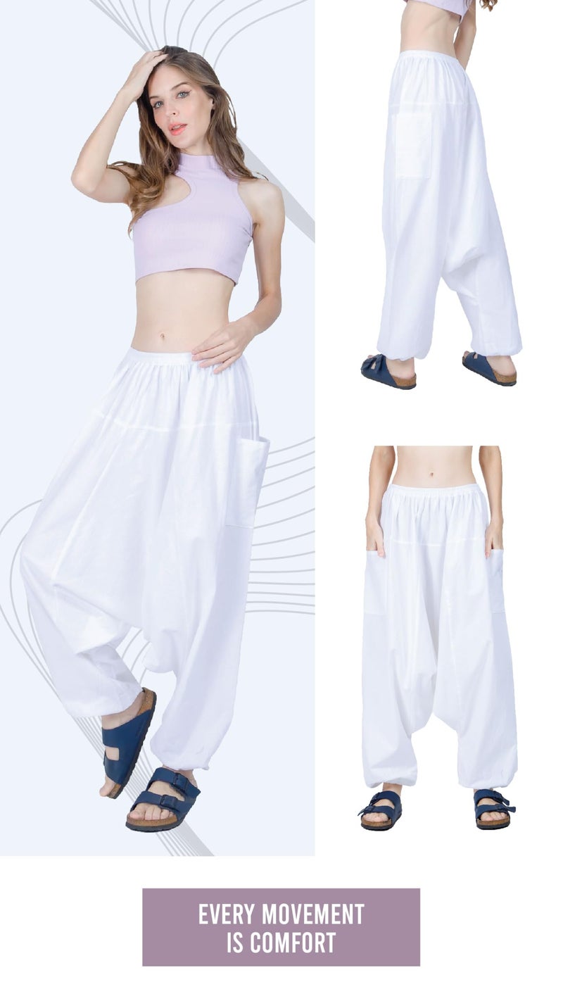 CandyHusky's Men Women 100% Cotton Baggy Boho Yoga Harem Pants (White) one size fits most - Image 2