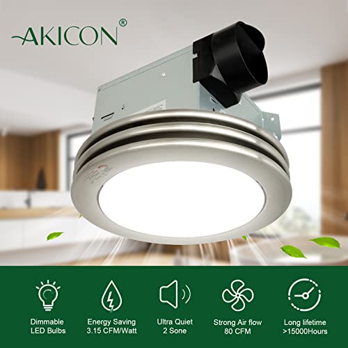 Akicon Ultra Quiet Bathroom Exhaust Fan with LED Light 80CFM 2.0 Sones Round Bathroom Ventilation Fan with Frosted Glass Cover Brushed Nickel Finish (Brushed Nickel) - Image 5