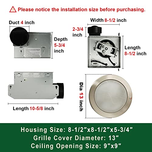 Akicon Ultra Quiet Bathroom Exhaust Fan with LED Light 80CFM 2.0 Sones Round Bathroom Ventilation Fan with Frosted Glass Cover Brushed Nickel Finish (Brushed Nickel) - Image 3