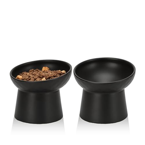 YauYik Ceramic Raised Cat Bowls, Elevated Tilted Cat Food and Water Bowls Set, Stress Free Pet Feeding Dish for Indoor Cats and Small Dogs, Anti Vomiting, Black, 2 Pack - Image 1