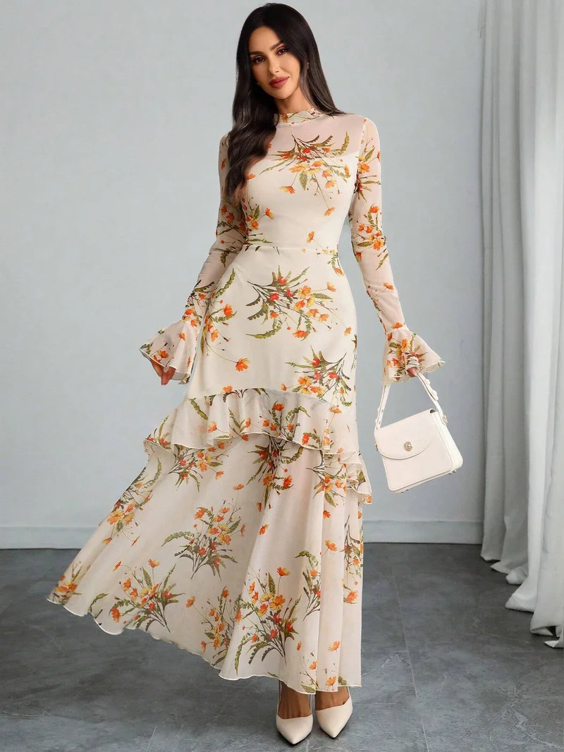 أوجيدر Off White Bell Sleeve Printed Ruffle Detail Dress