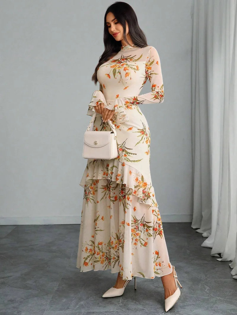 OUTZIDR  Off White Bell Sleeve Printed Ruffle Detail Dress for Women | Best Price UAE