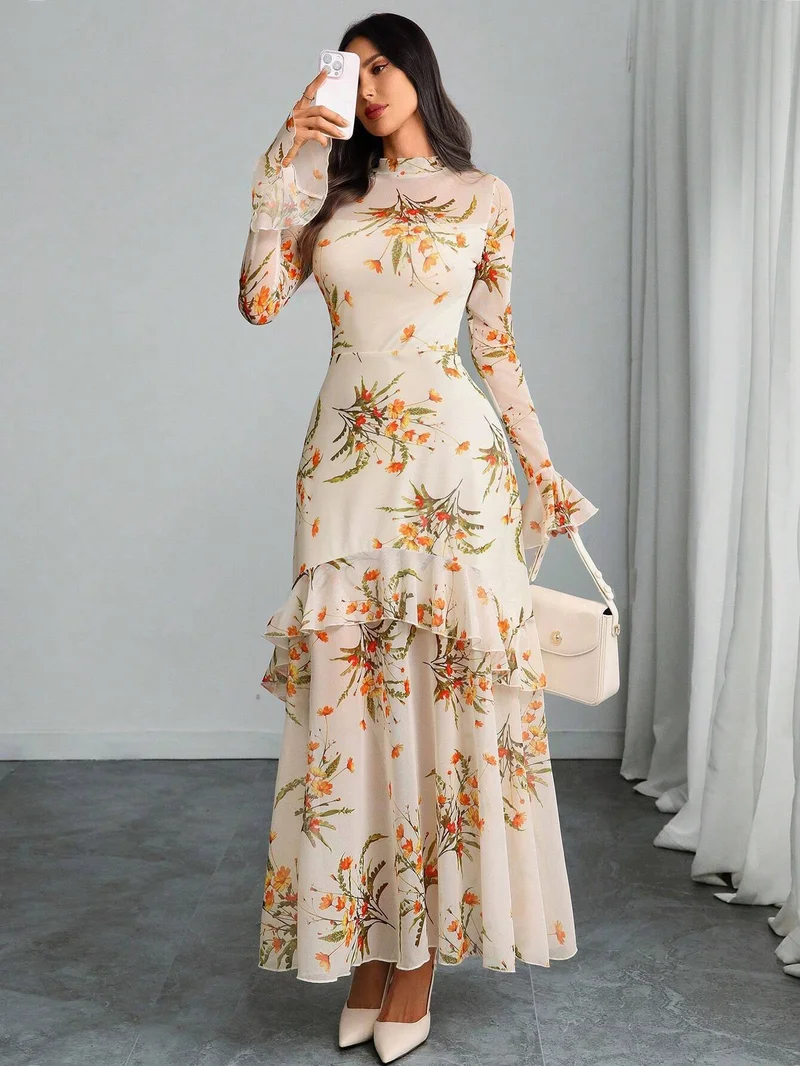 OUTZIDR  Off White Bell Sleeve Printed Ruffle Detail Dress for Women | Best Price UAE