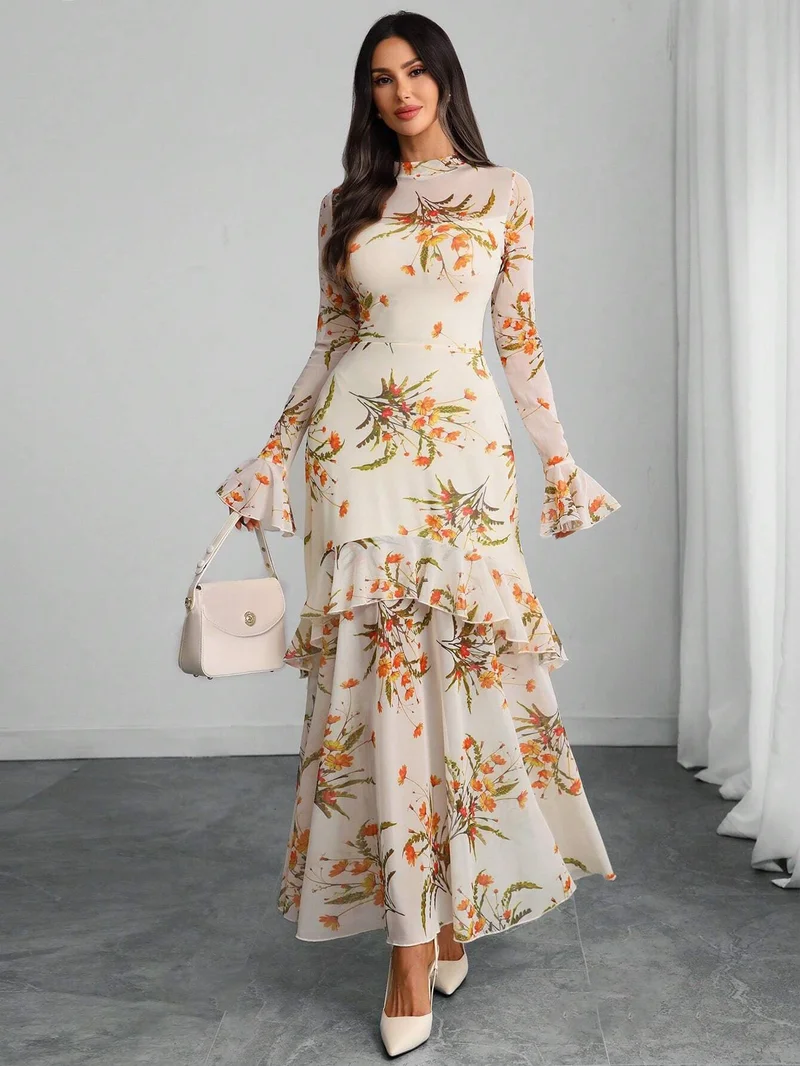 OUTZIDR  Off White Bell Sleeve Printed Ruffle Detail Dress for Women | Best Price UAE