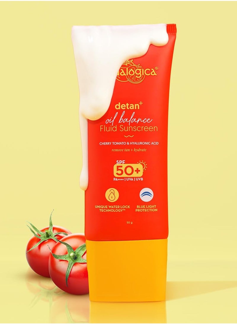Aqualogica Detan+ Oil Balance Fluid Sunscreen for Oily Skin - 50 g | Ultra-Light Fluid Texture | SPF 50+ PA++++ UVA & UVB Protection | Reduces Tan | Oil Free | Balances Excess oil | Non Greasy | No White Cast | For Men & Women  - Image 2