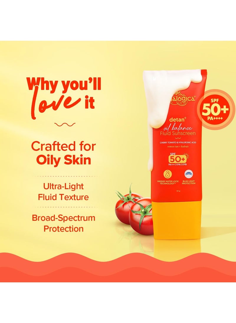 Aqualogica Detan+ Oil Balance Fluid Sunscreen for Oily Skin - 50 g | Ultra-Light Fluid Texture | SPF 50+ PA++++ UVA & UVB Protection | Reduces Tan | Oil Free | Balances Excess oil | Non Greasy | No White Cast | For Men & Women  - Image 3