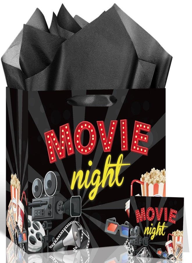 Woosytoo Movie Night Gift Bag Cinema Birthday Theme Wrapping Bag with Black Tissue Paper - Popcorn Film Reel Party Favor Sack for Kids Adults Birthday Red Carpet Movie Theater Decorations - Image 1