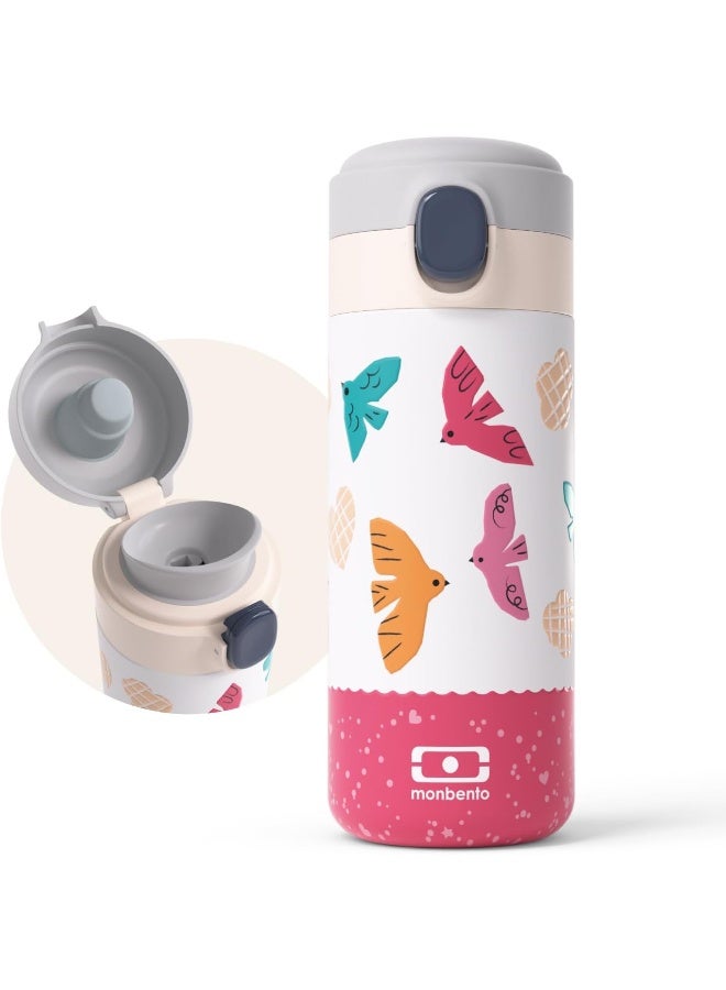 monbento - Children's Insulated Water Bottle Pop Pink Birds - 360ml - Keeps Hot/Cold Up to 12 Hours - Ideal for School/Hiking - BPA Free - Birds - Image 1