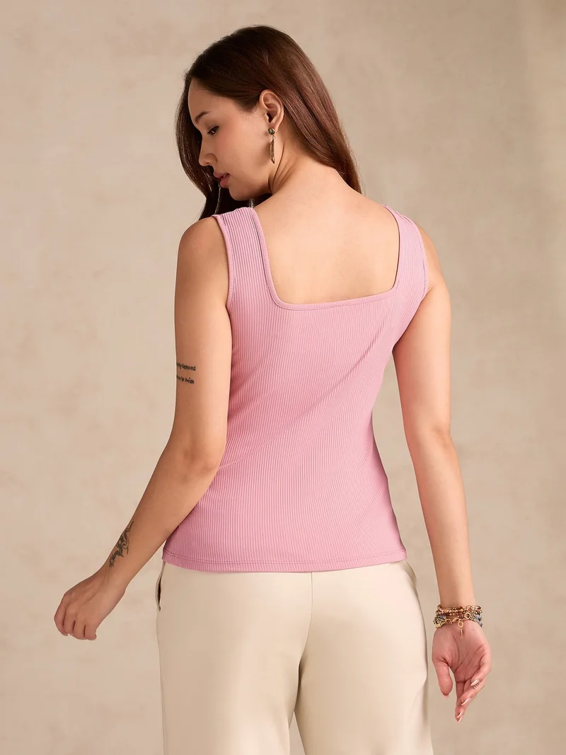 Outzidr  Pink Square Neck Tank Top With Rosette Detail for Women | Best Price UAE