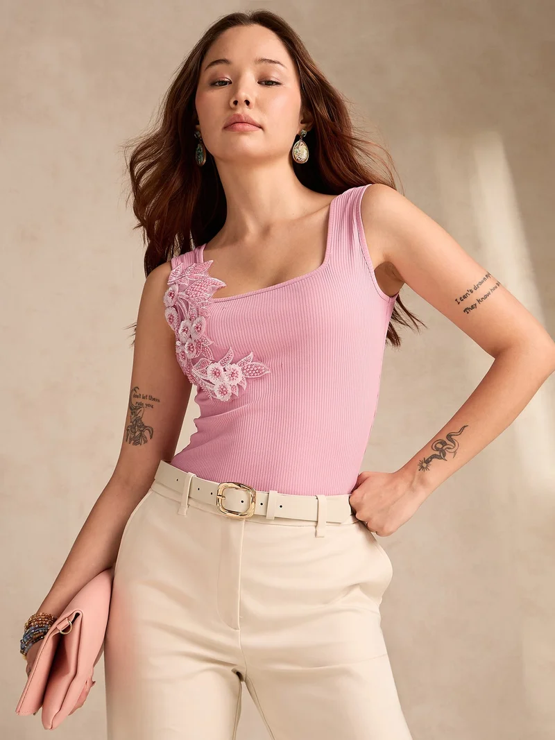 Outzidr  Pink Square Neck Tank Top With Rosette Detail for Women | Best Price UAE