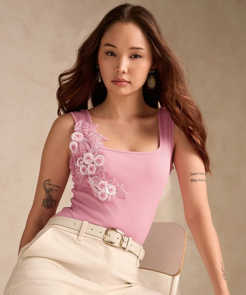 Outzidr  Pink Square Neck Tank Top With Rosette Detail for Women | Best Price UAE