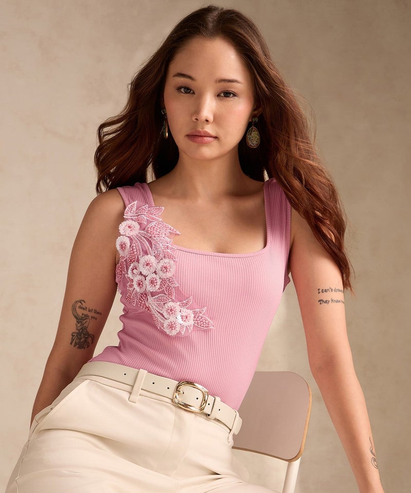 OUTZIDR Pink Square Neck Tank Top With Rosette Detail - Image 3