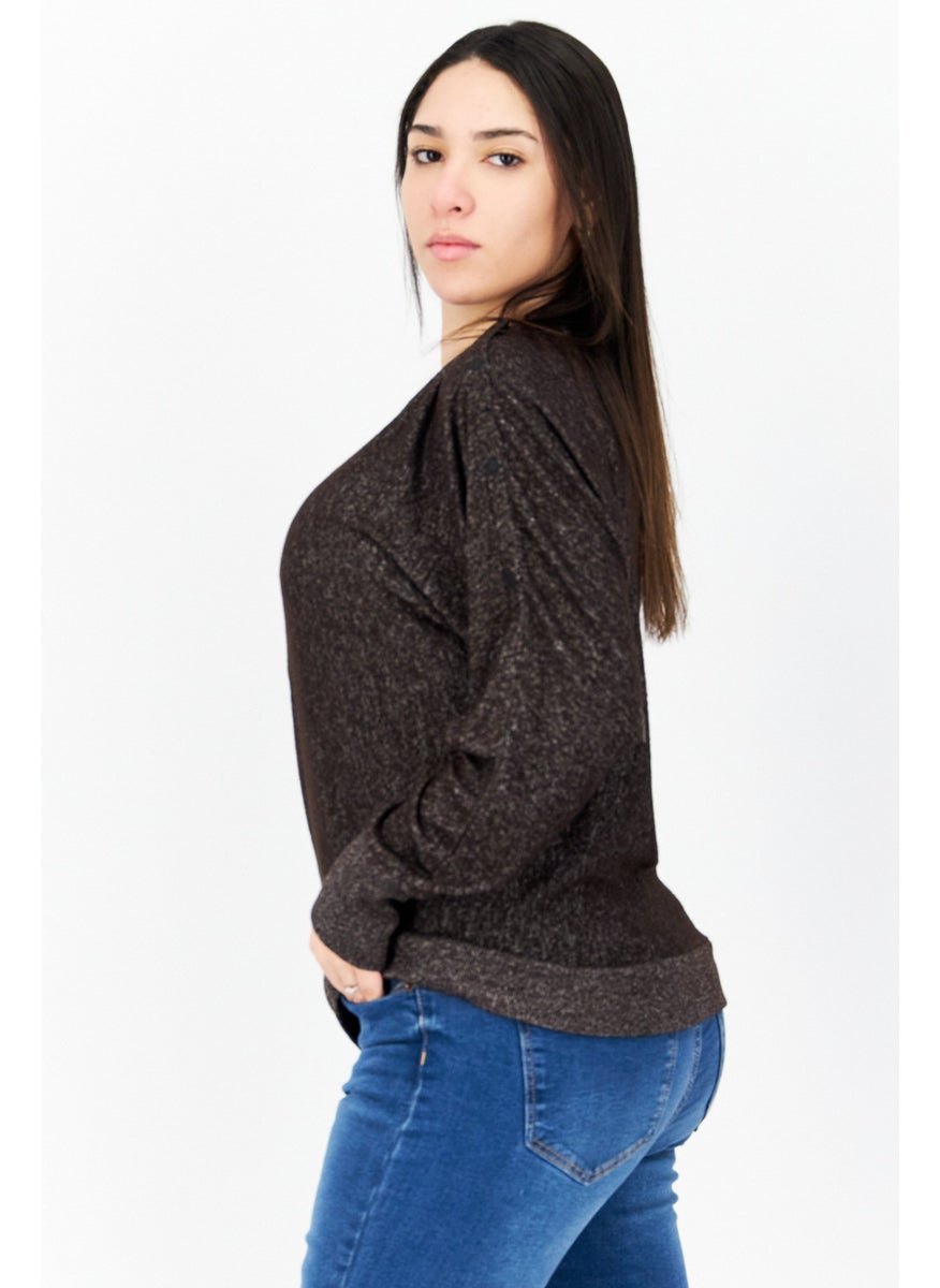 Marc New York Women Boat Neck Long Sleeve Textured Top, Dark Brown Heather  - Image 2