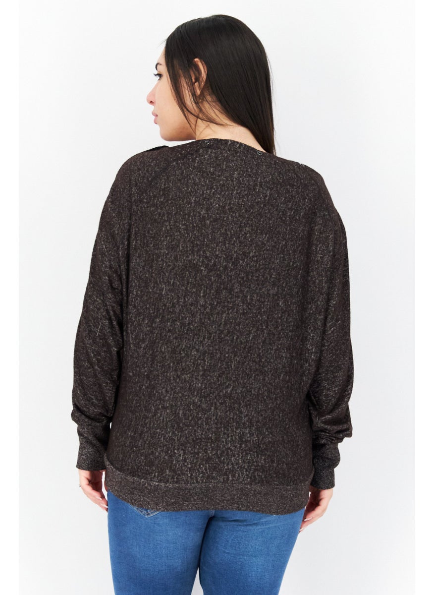 Marc New York Women Boat Neck Long Sleeve Textured Top, Dark Brown Heather  - Image 4
