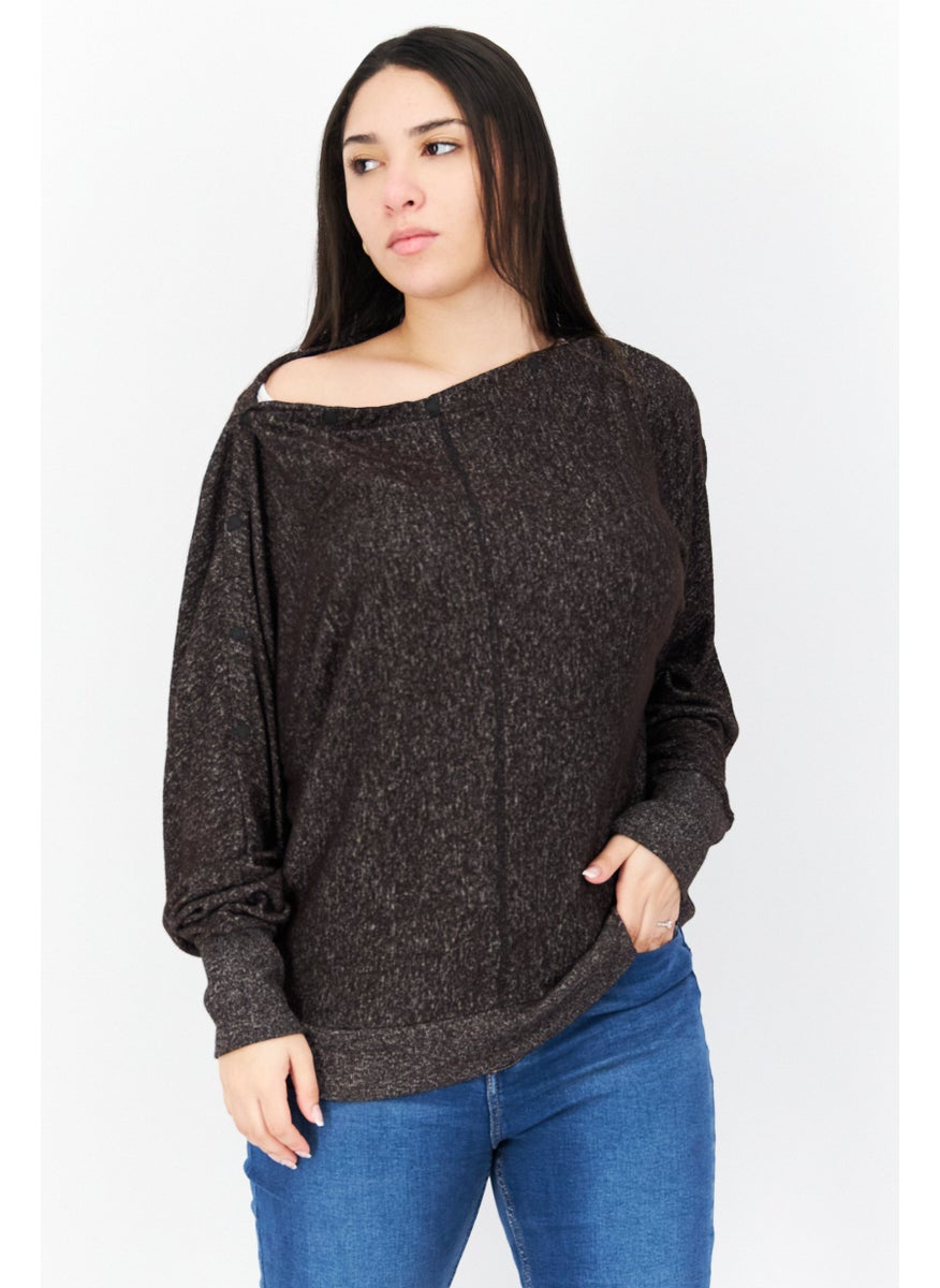 Marc New York Women Boat Neck Long Sleeve Textured Top, Dark Brown Heather  - Image 1
