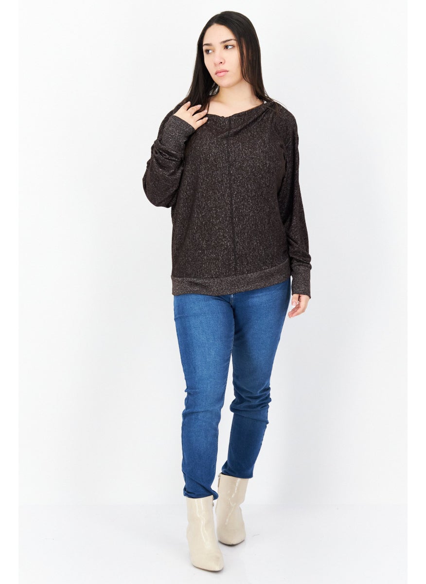 Marc New York Women Boat Neck Long Sleeve Textured Top, Dark Brown Heather  - Image 3