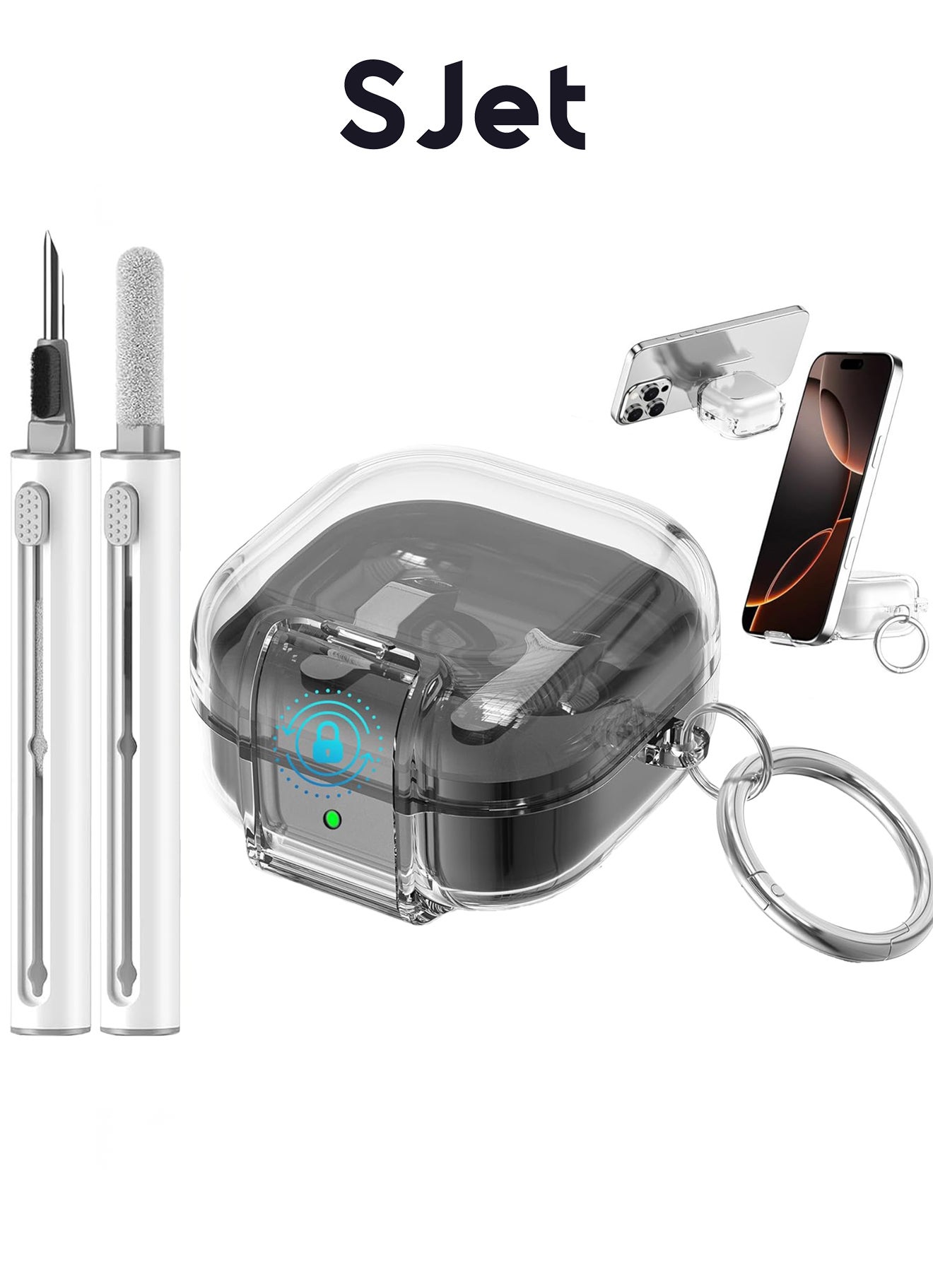 SJet Samsung Galaxy Buds 4 & Buds 4 Pro Case Lock Clip with Phone Stand and Cleaner Kit, Clear Protective Cover with Carabiner, Premium TPU Cover, Wireless Charging, Headphone Accessories (Clear)