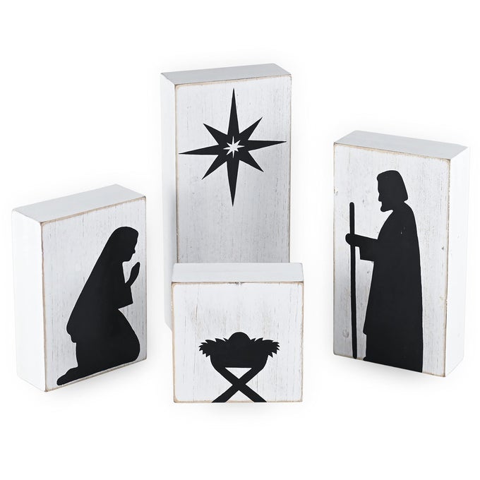 Wooden Block Nativity Scene Black Xmas Silhouette Christmas Figures on White Painted Wood Blocks Indoor Nativity Table Top Shelf Sitter Mantle Centerpiece Set Decorations 1 Set