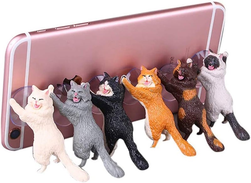 6Pcs Cute Cat Phone Holder - Resin Desk Sucker Stand for Smartphones