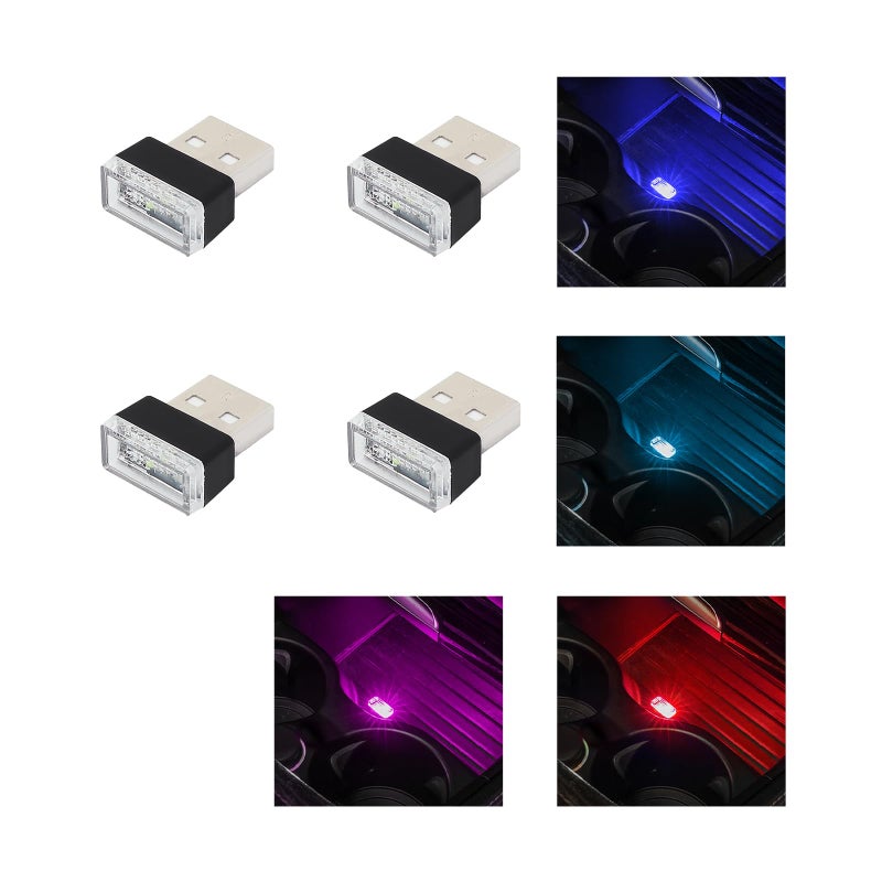 أوجيني 4 قطع مصباح LED داخلي للسيارة مع واجهة USB، إضاءة ليلية مزخرفة، مجموعة إضاءة محيطة محمولة، ملحقات داخلية عالمية لمعظم السيارات، أزرق، ثلجي، أزرق، أحمر، بنفسجي