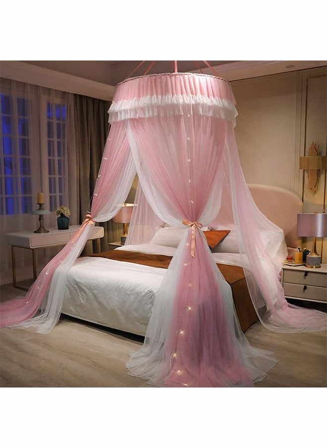 ZERIFAM - Double Layers Sheer Mesh Round Lace Princess Mosquito Net Tent with Stars String Lights - Image 1