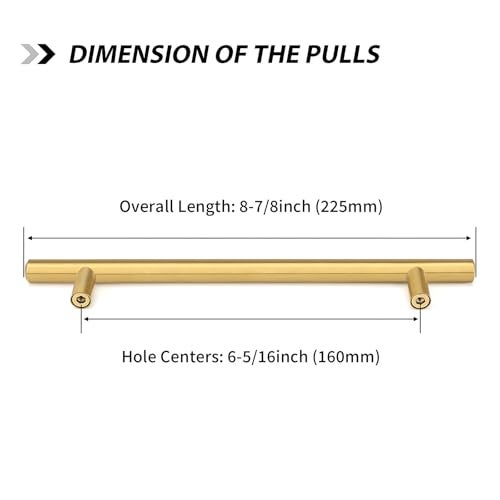 goldenwarm 5 Pack Gold Cabinet Hardware Brass Pull Handles Modern Kitchen Cupboard Pulls 6-1/4in Hole Centers - LS201GD160 Brushed Brass Drawer Handles Stainless Steel - Image 2