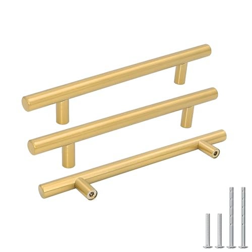 goldenwarm 5 Pack Gold Cabinet Hardware Brass Pull Handles Modern Kitchen Cupboard Pulls 6-1/4in Hole Centers - LS201GD160 Brushed Brass Drawer Handles Stainless Steel - Image 1