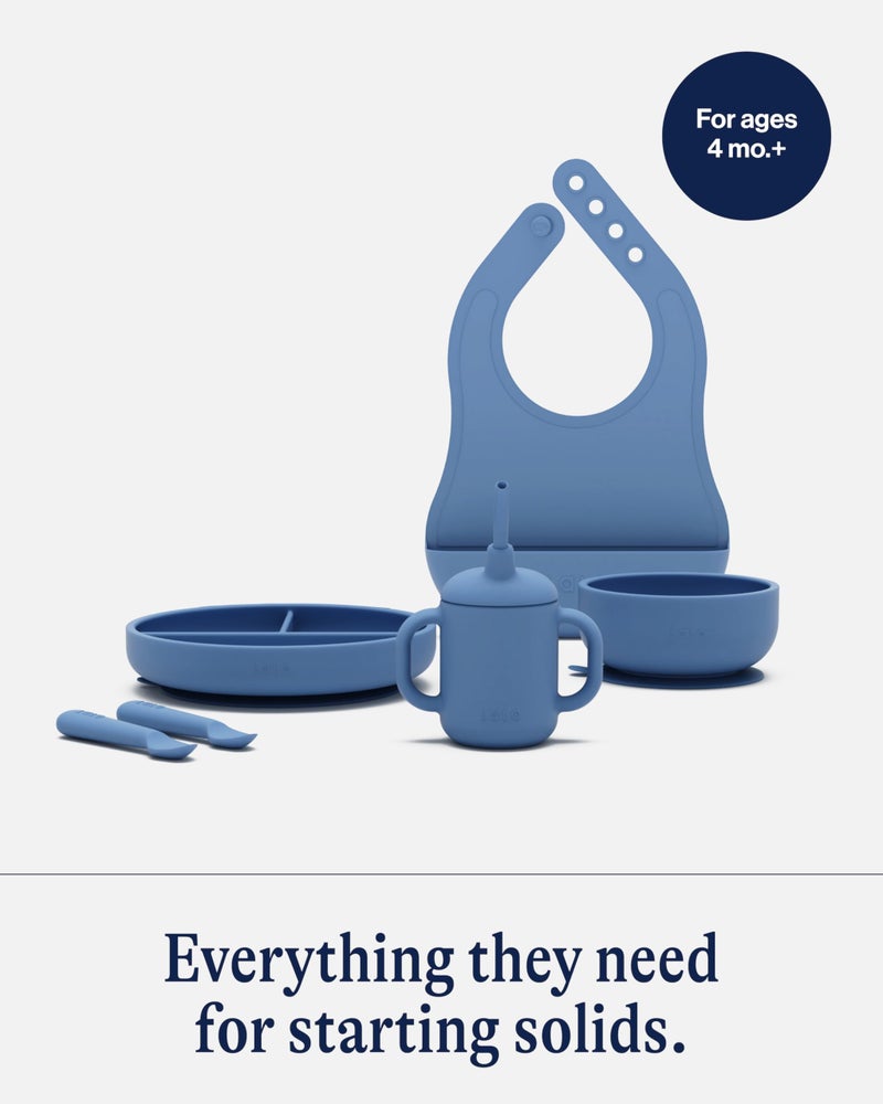 Lalo First Bites Silicone Baby Feeding Set - Baby Led Weaning Supplies - Non-Toxic Silicone - Includes 1 Bib, 2 Spoons, Training Cup, Suction Plate and Bowl - 6 Pieces - Blueberry - Image 3