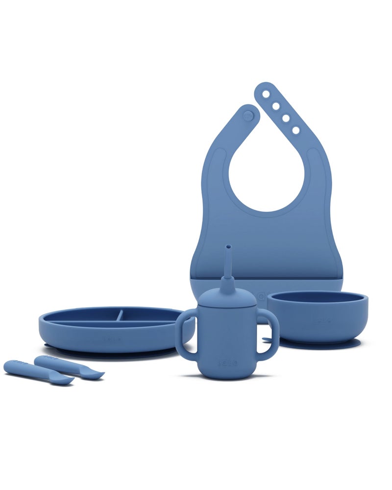 Lalo First Bites Silicone Baby Feeding Set - Baby Led Weaning Supplies - Non-Toxic Silicone - Includes 1 Bib, 2 Spoons, Training Cup, Suction Plate and Bowl - 6 Pieces - Blueberry - Image 1