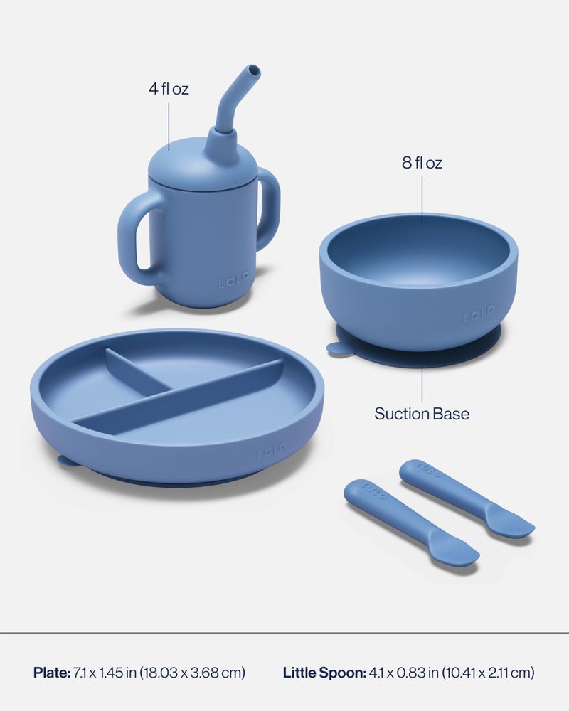Lalo First Bites Silicone Baby Feeding Set - Baby Led Weaning Supplies - Non-Toxic Silicone - Includes 1 Bib, 2 Spoons, Training Cup, Suction Plate and Bowl - 6 Pieces - Blueberry - Image 5