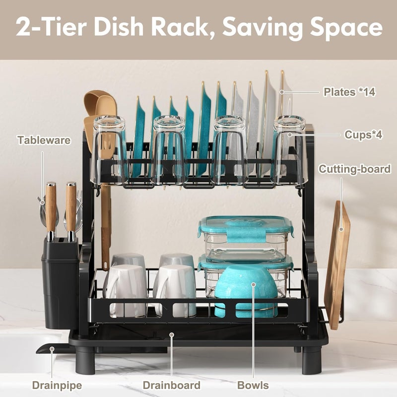 BOOSINY Dish Drying Rack, 2 Tier Large Stainless Steel Black Dish Rack with Drainboard Set for Kitchen Counter, Space Saving Plates Drainer Rack with Cups Holder & Utensil Holder, Dish Strainer Holder - Image 2