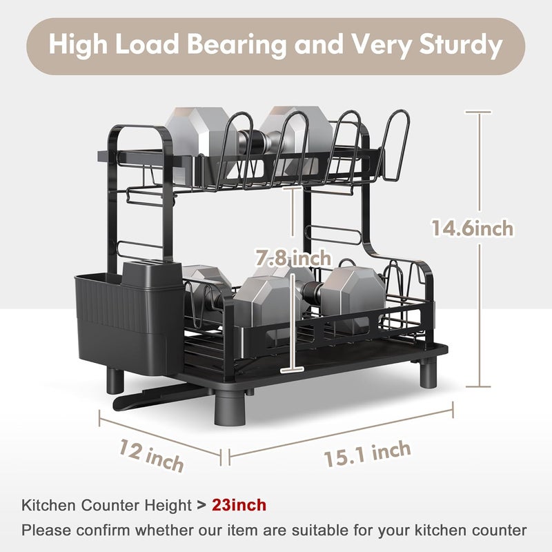 BOOSINY Dish Drying Rack, 2 Tier Large Stainless Steel Black Dish Rack with Drainboard Set for Kitchen Counter, Space Saving Plates Drainer Rack with Cups Holder & Utensil Holder, Dish Strainer Holder - Image 4