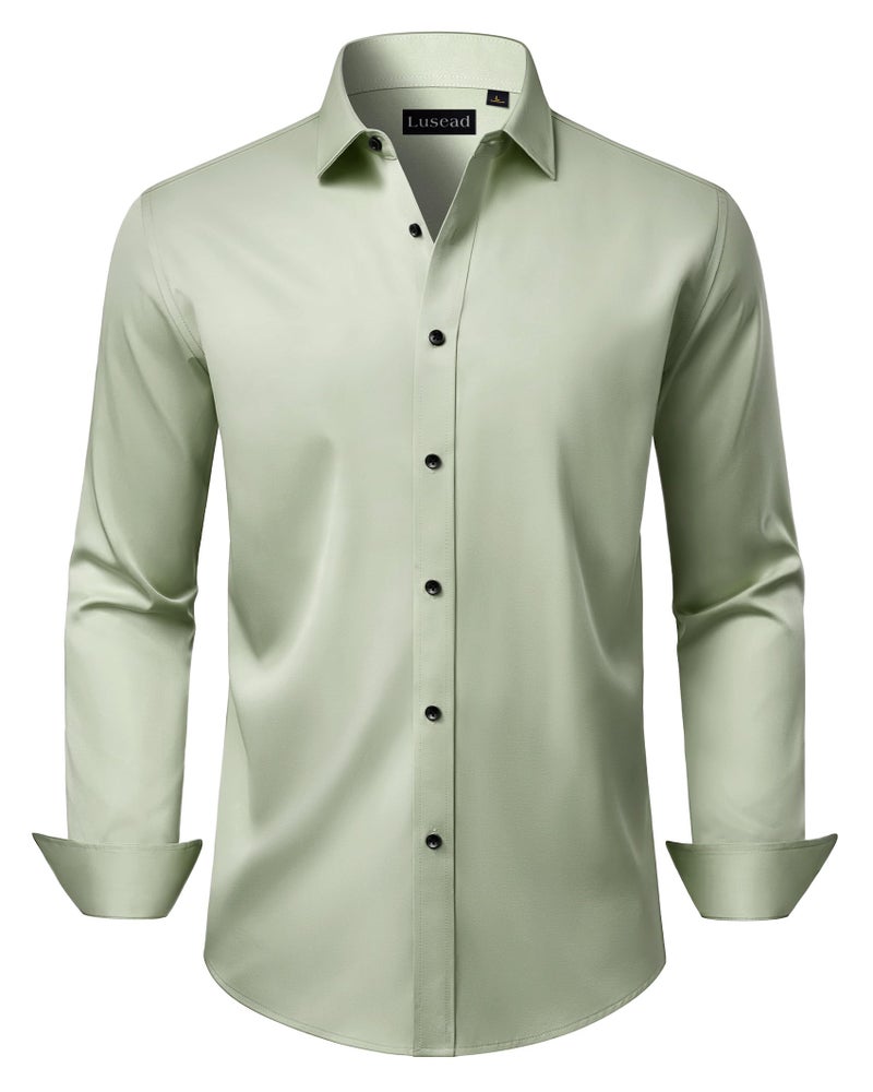 Lusead Sage Green Button Up Shirts Men Stretch Wrinkle Free Formal Business Meeting Long Sleeve Slim Fit Mens Dress Shirts - Image 1