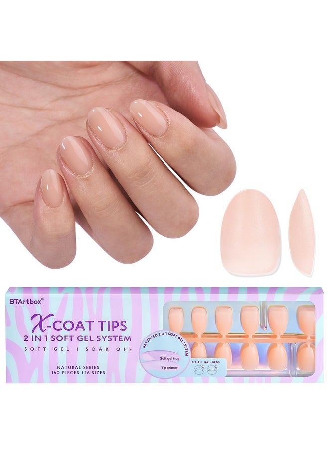 BTArtbox 160Pcs Almond Plastic False Nails, Extra Short With Primer Cover, Jelly Xcoattips, 16 Sizes, Full Well Tips, Pressure Comfortable Wear, Last 28+ Days, Ideal Gift  - Image 1