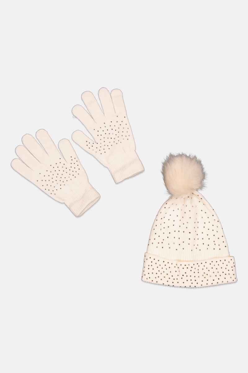 Daisy Fuentes Women Textured Beanie With Gloves, Off White - Image 1