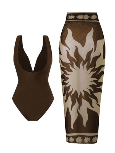 SherryDC One Piece Swimsuit with Cover up Wrap Skirt Sarong Floral Print Plunge V Neck Bathing Suit for Women - Image 2