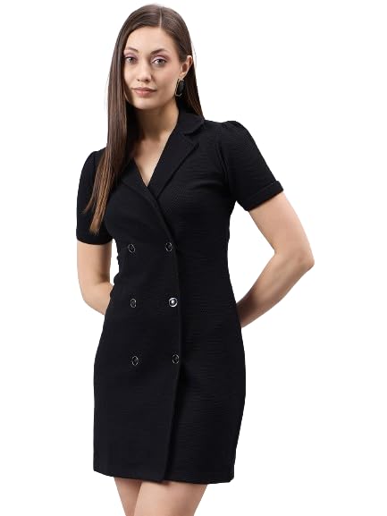 Style Quotient Women Solid Black Texture Polyester Regular Fit Semi Formal Blazer Dress - Image 1