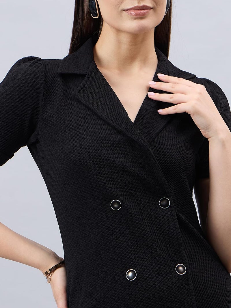 Style Quotient Women Solid Black Texture Polyester Regular Fit Semi Formal Blazer Dress - Image 2