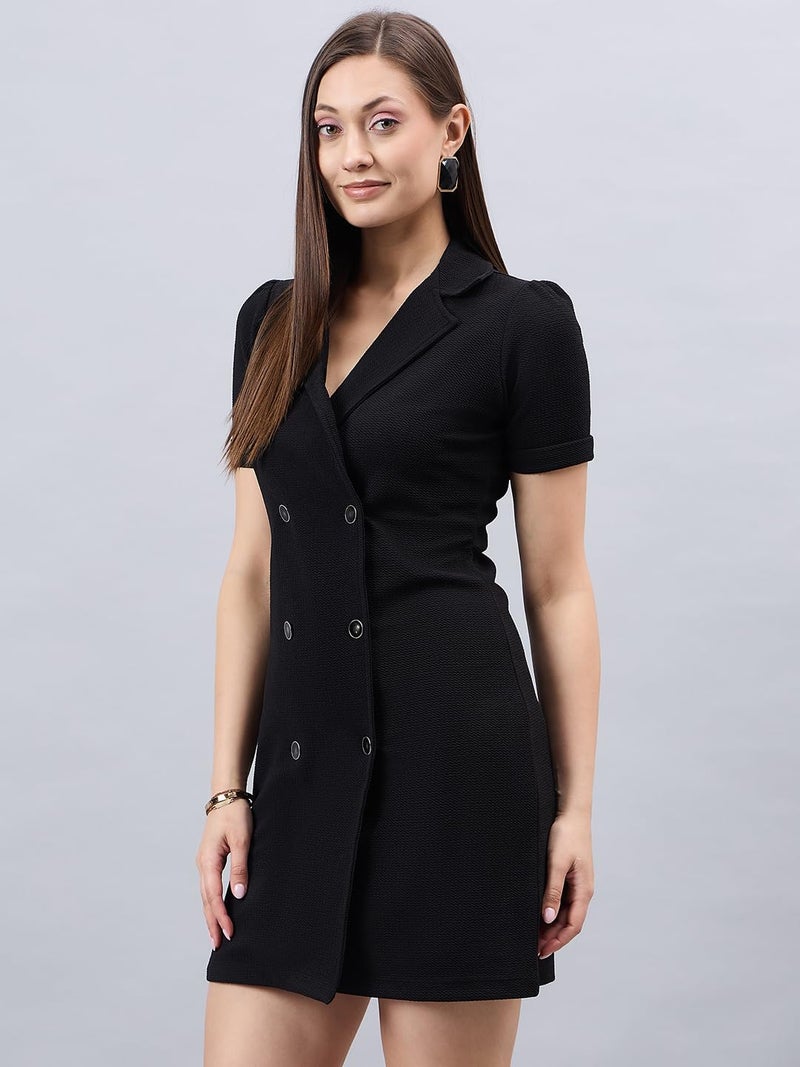 Style Quotient Women Solid Black Texture Polyester Regular Fit Semi Formal Blazer Dress - Image 3