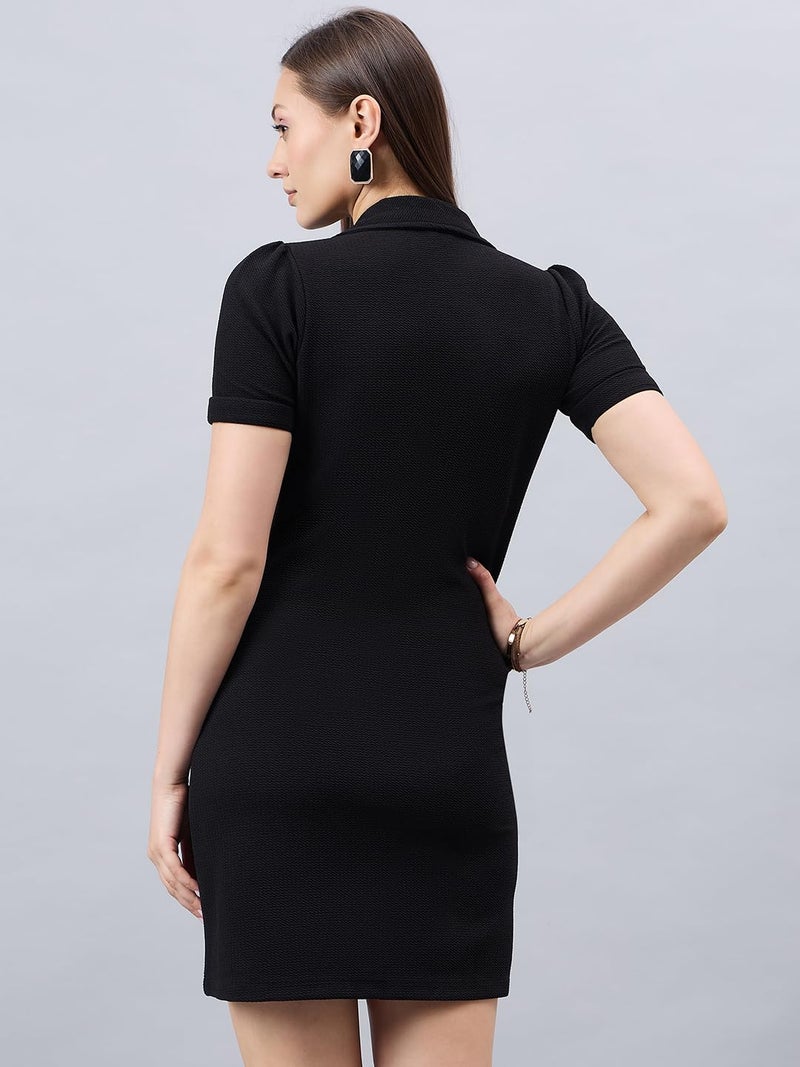 Style Quotient Women Solid Black Texture Polyester Regular Fit Semi Formal Blazer Dress - Image 4