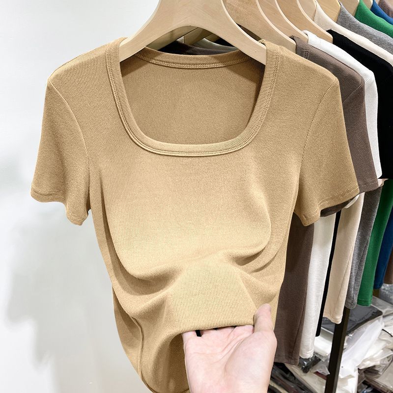 Modal Square Collar Short-sleeved T-shirt Women's 2023 New Summer Low Collar Thread Base Shirt Inner Slim-fit Top ins - Image 2