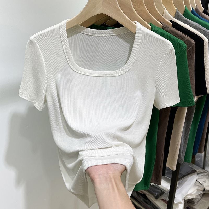 Modal Square Collar Short-sleeved T-shirt Women's 2023 New Summer Low Collar Thread Base Shirt Inner Slim-fit Top ins - Image 5