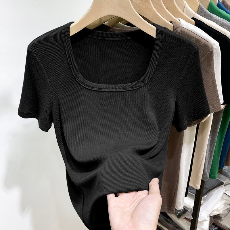 Modal Square Collar Short-sleeved T-shirt Women's 2023 New Summer Low Collar Thread Base Shirt Inner Slim-fit Top ins - Image 4