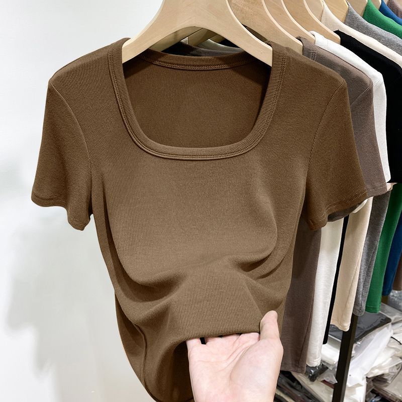 Modal Square Collar Short-sleeved T-shirt Women's 2023 New Summer Low Collar Thread Base Shirt Inner Slim-fit Top ins - Image 3